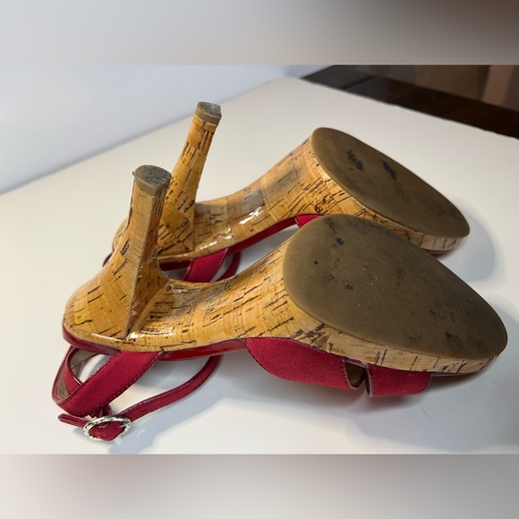 Michael Kors Tied Up Ankle Open Toe Red Fabric & Cork Summer Heels - Picture 9 of 9